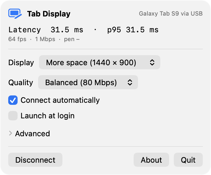 The Tab Display menu in the Mac menu bar, showing status, live latency, display size and quality