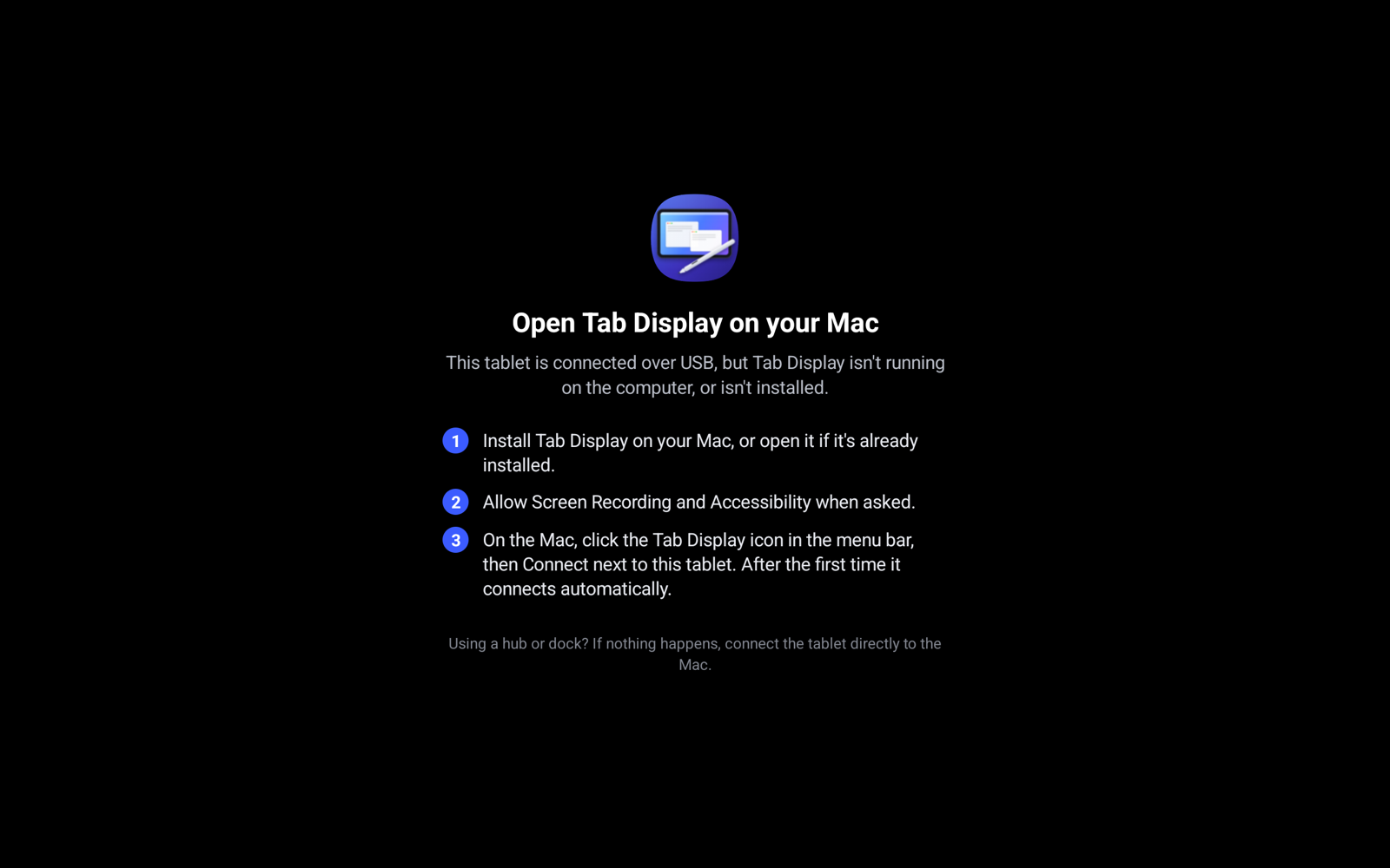 A tablet screen explaining how to set up Tab Display